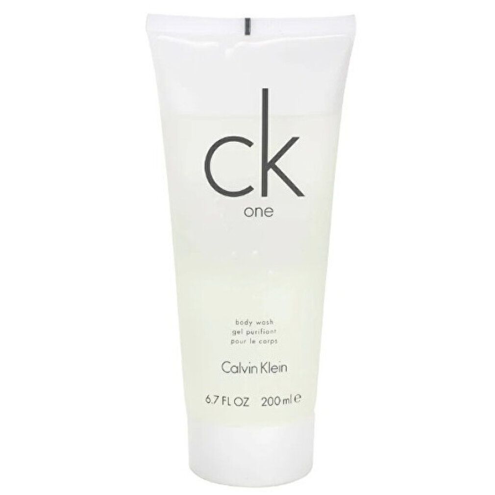 Tubo di gel doccia CK One. Tubo bianco con logo nero "ck one" e "Calvin Klein". 200 ml.