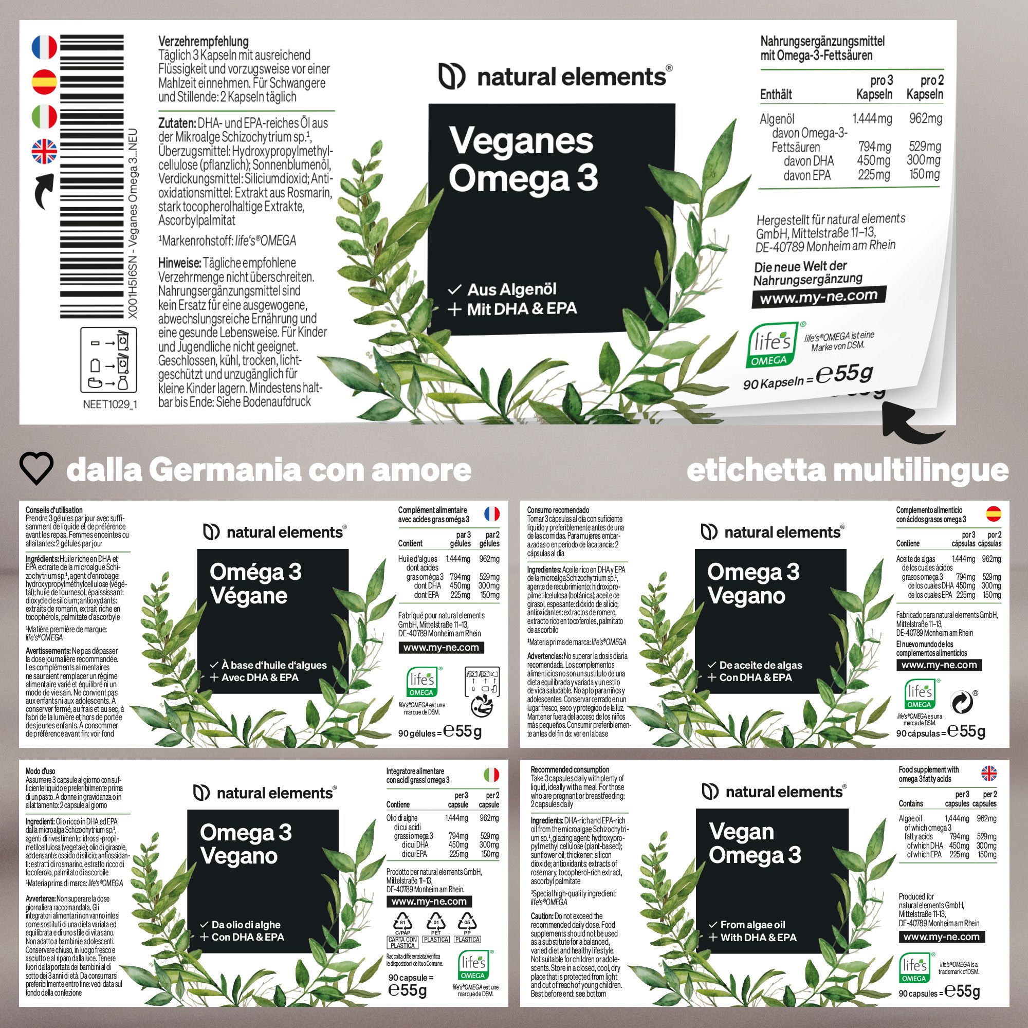 Bottiglia di Omega 3 da olio di pesce di Natural Elements con decorazione a foglie.