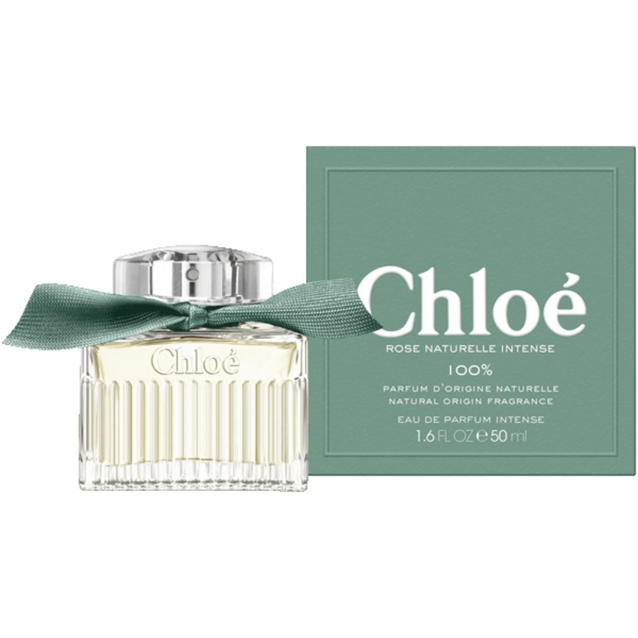Flacone in vetro con nastro verde e scatola. Sulla scatola è scritto "Chloé Rose Naturelle Intense".