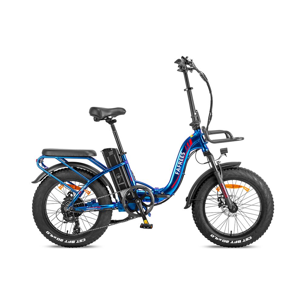 Bicicletta elettrica blu Fafrees F20 Max. Pneumatici neri, portapacchi, cestino anteriore e parafanghi. Marchio visibile.