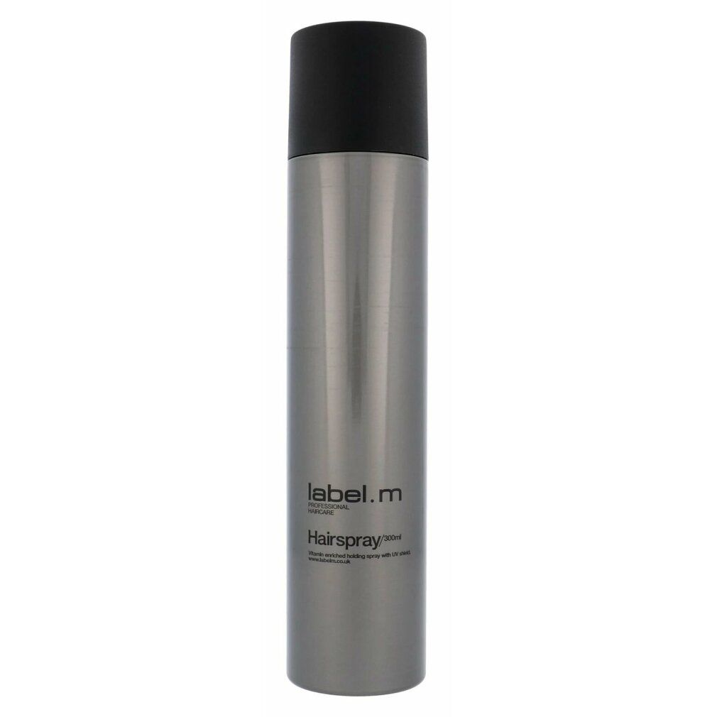 Bomboletta spray per capelli argentata con tappo nero. Logo Label.m e scritta 'Hairspray'.