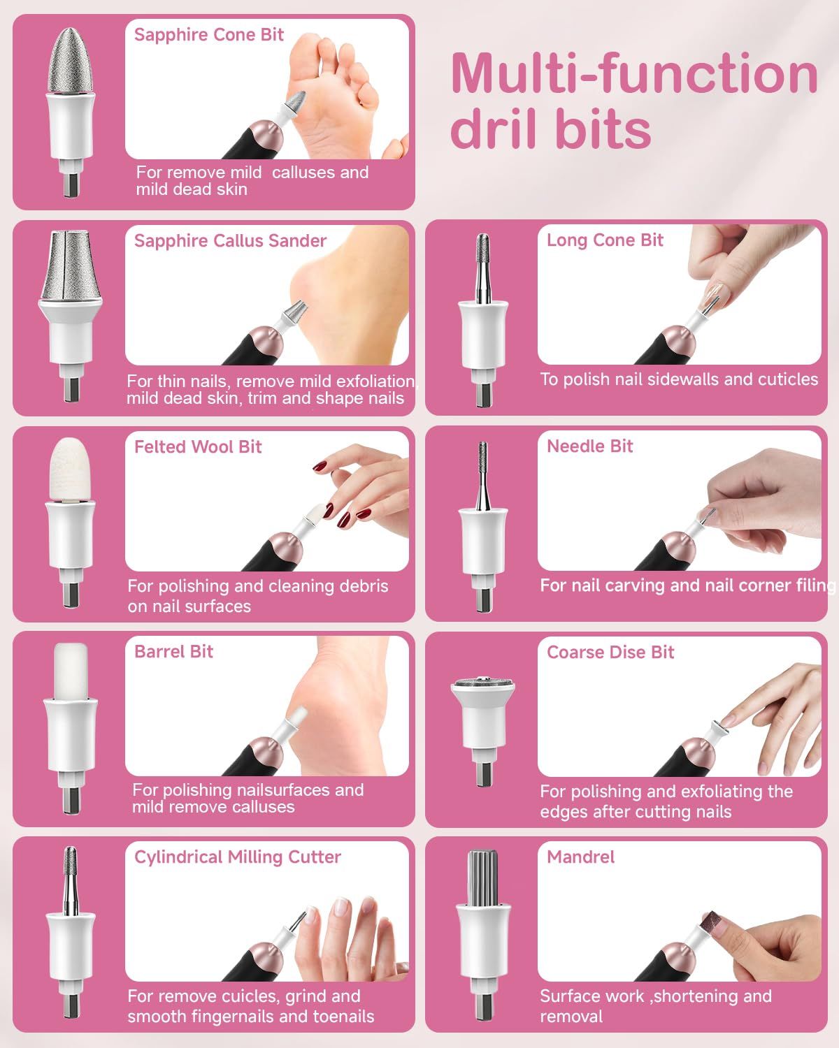 Accessori per manicure/pedicure. Per unghie e pelle. Varie forme e usi. Mostrati su sfondo bianco.