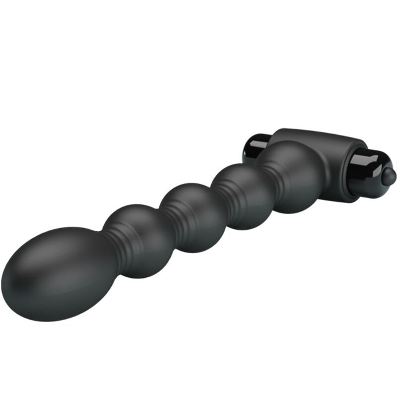 Plug anale in silicone nero con texture a perle, vista laterale.