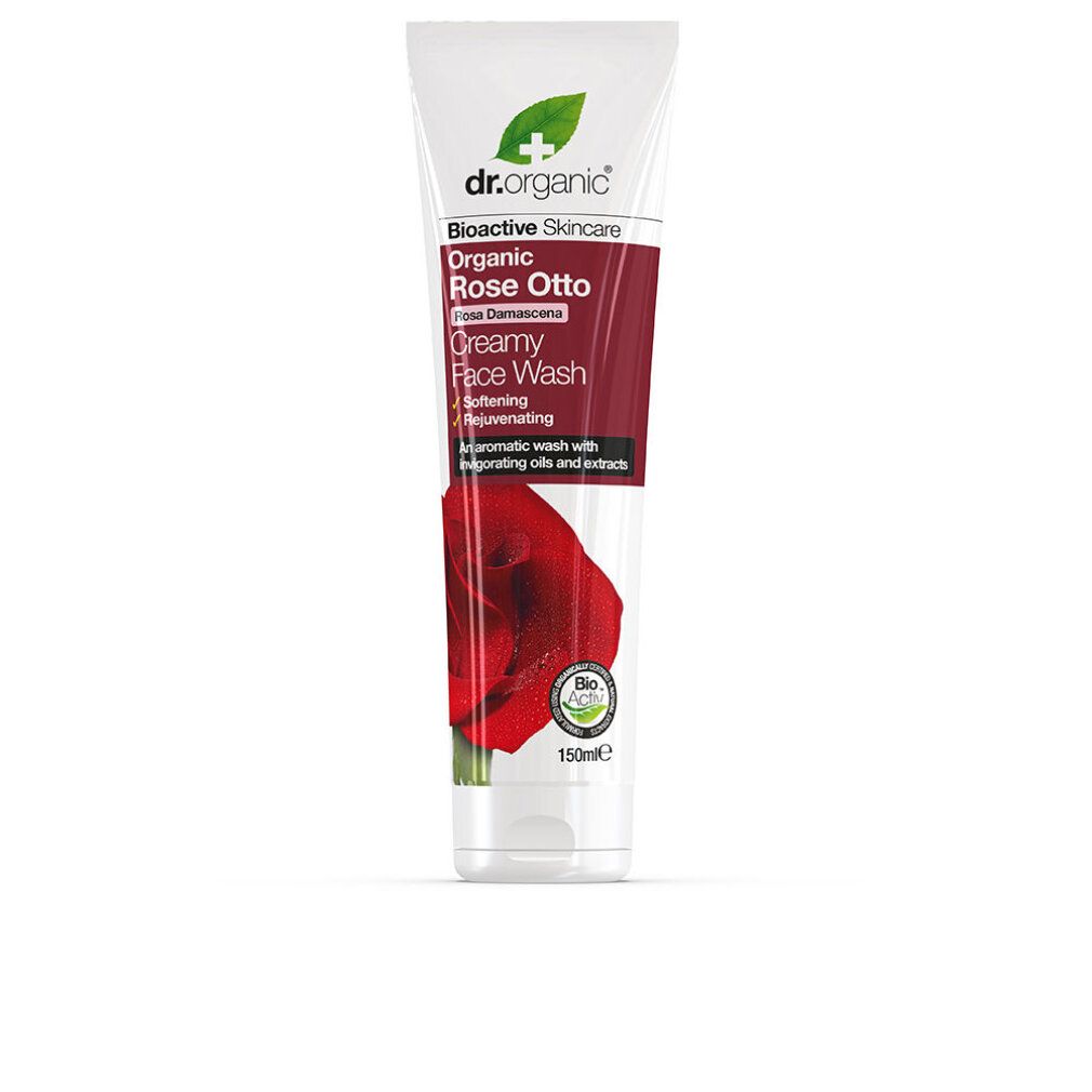 Tubo bianco con testo rosso e rosa. Contiene "Dr. Organic Rose Otto Creamy Face Wash".