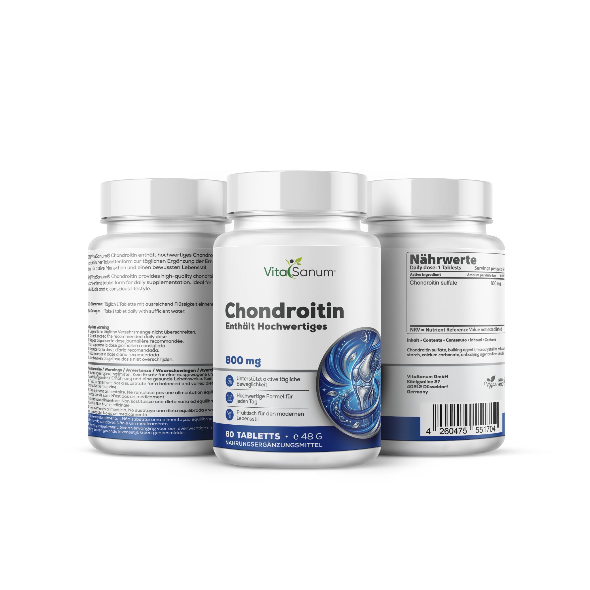 VitaSanum Condroitina 800 mg Compresse: Tre contenitori bianchi con etichette blu, uno mostra il retro con informazioni nutrizionali. Contiene 60 compresse.