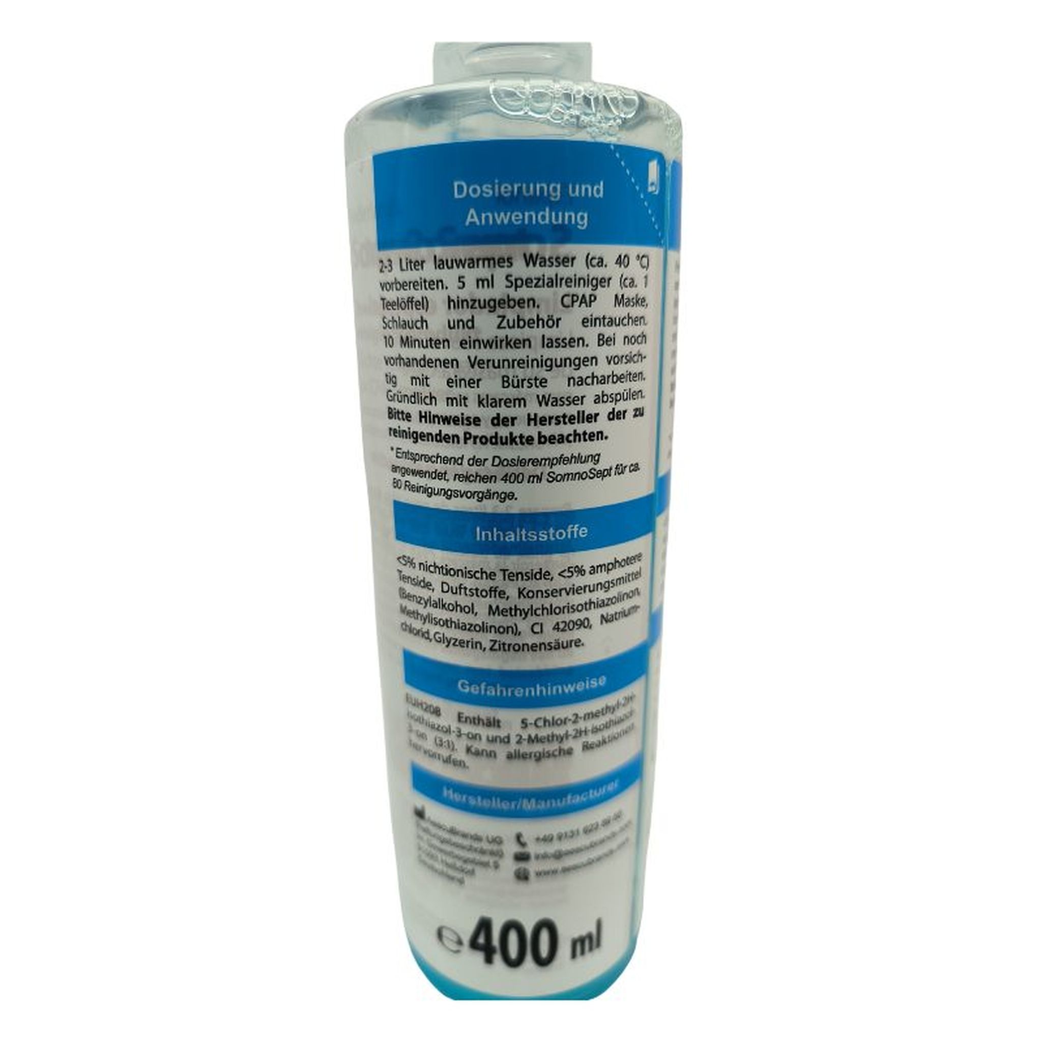 Retro del flacone detergente. Testo: Dosaggio e utilizzo, ingredienti, avvertenze di pericolo. Volume: 400 ml.