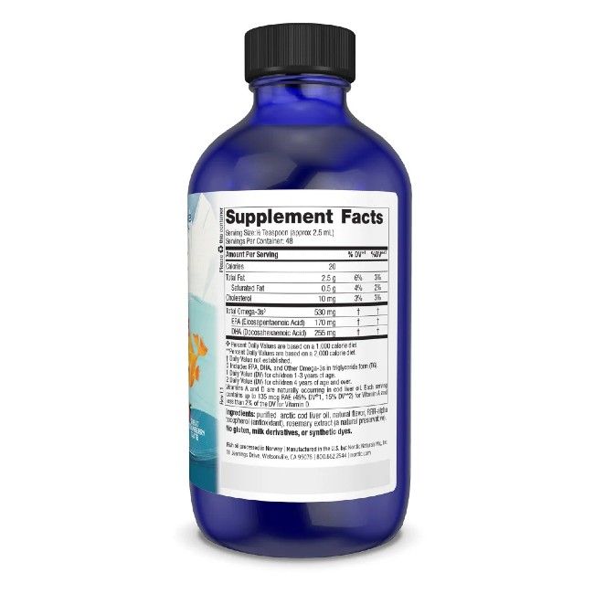 Retro della bottiglia di integratore di olio di pesce Nordic Naturals Children's DHA, che mostra le informazioni nutrizionali.