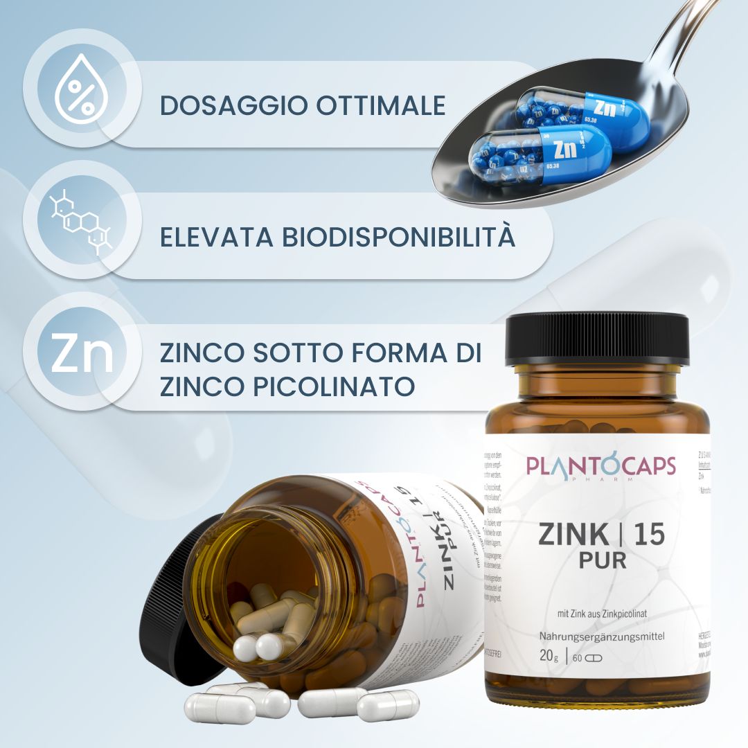 Flacone Zinco 15 PUR con capsule che cadono e cucchiaio con capsule.