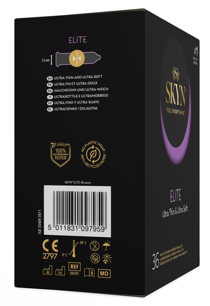 Confezione nera SKYN Elite. Scritta: Ultra Thin & Ultra Soft. 36 pezzi. Dettagli ingredienti e certificazioni.