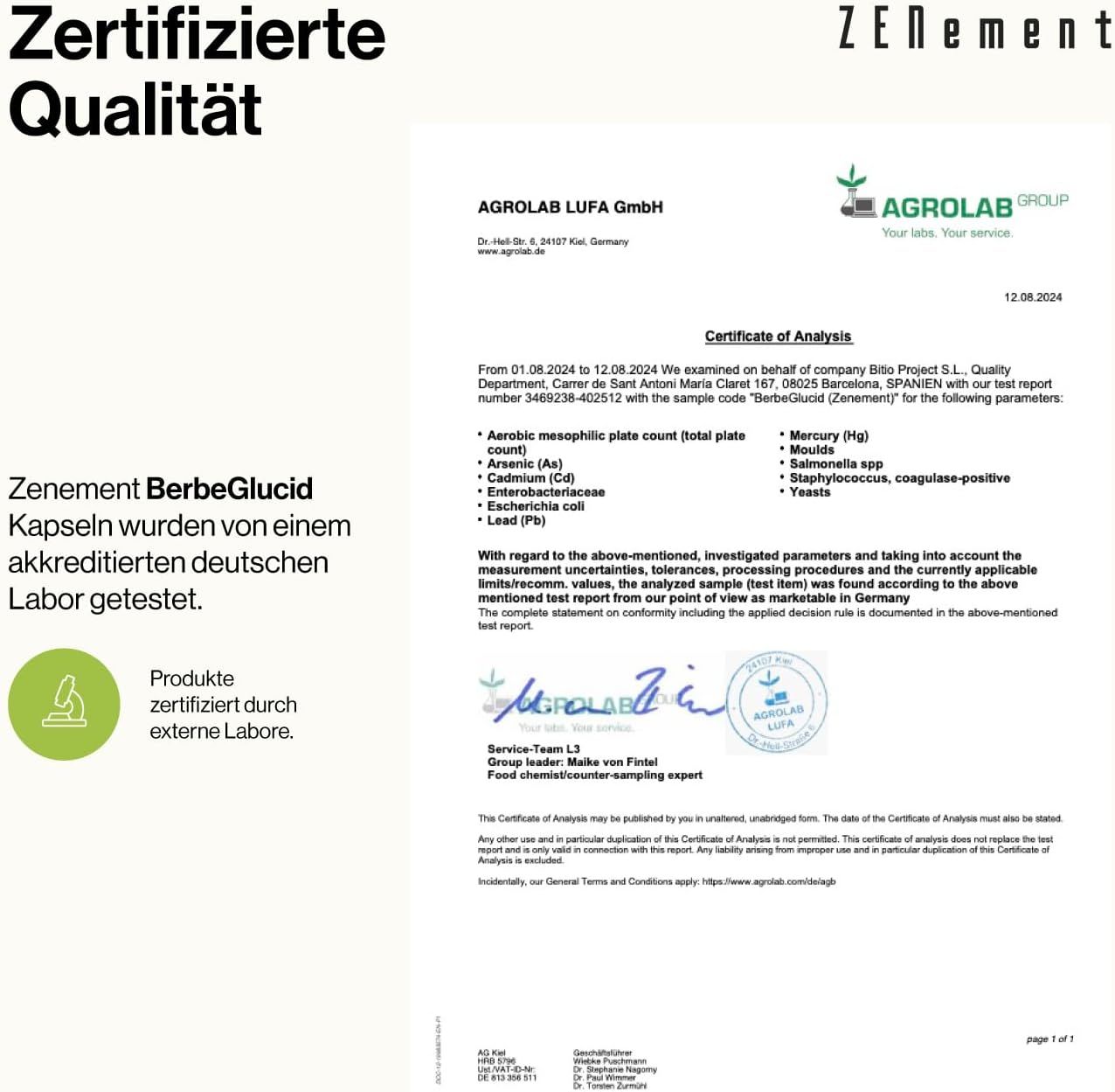 Documento di certificazione di Agrolab LUFA GmbH per le capsule Zenement BerbeGlucid. Laboratorio tedesco accreditato.
