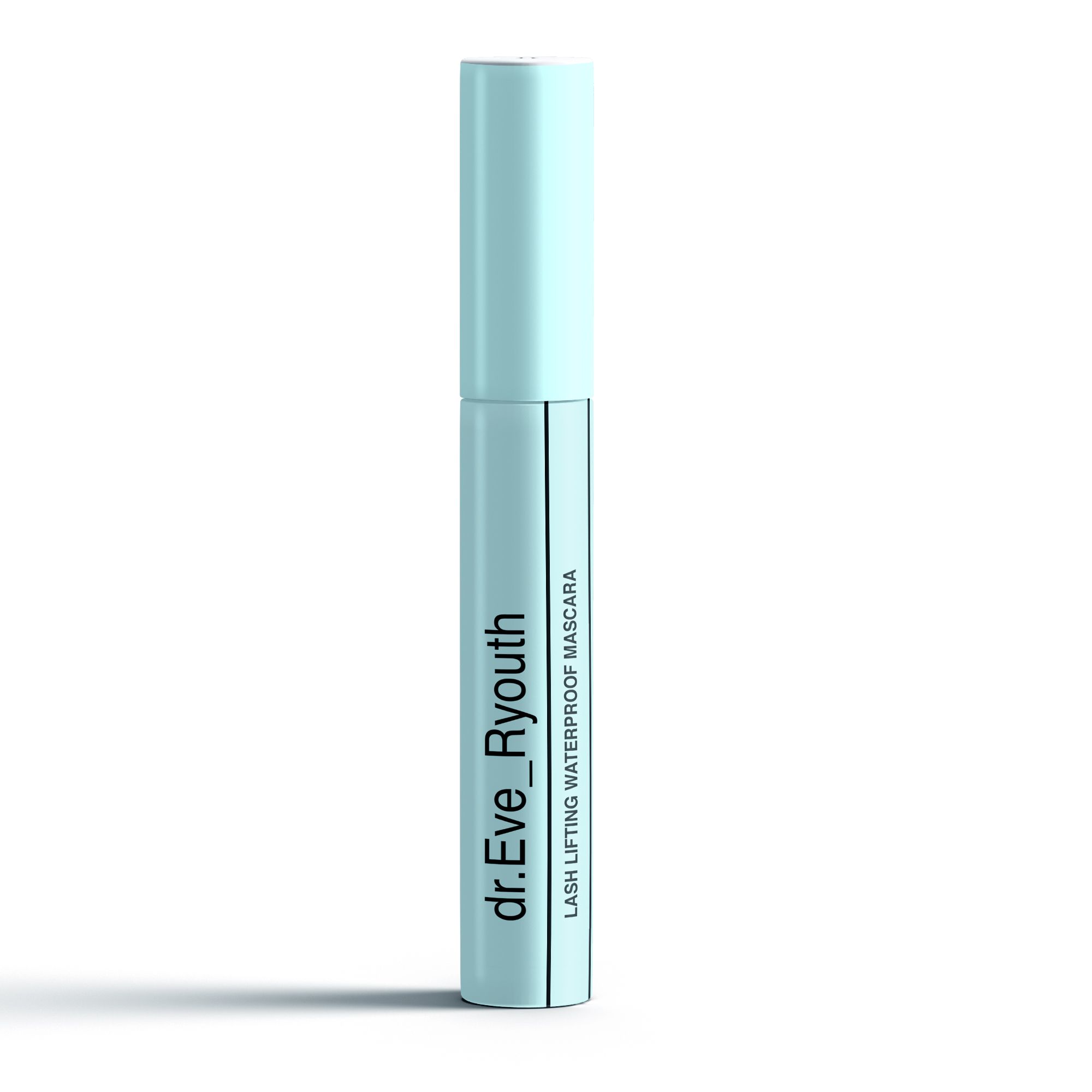 Tubo di mascara azzurro. Scritta: LASH LIFTING WATERPROOF MASCARA. Marchio: dr.Eve_Ryouth.