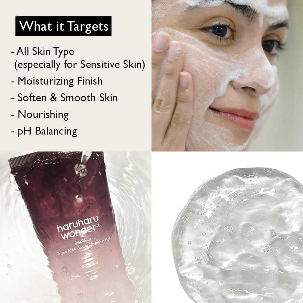 Immagine del prodotto e applicazione. Contiene informazioni sui tipi di pelle, l'uso e le caratteristiche del prodotto.