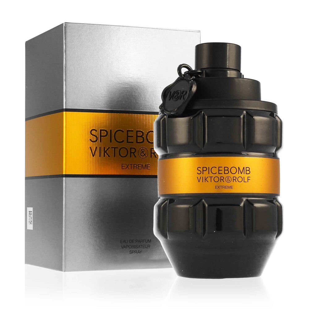 Flacone nero e scatola argentata. Scritta: SPICEBOMB VIKTOR&ROLF EXTREME. Eau de Parfum Vaporisateur Spray.
