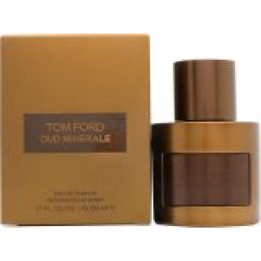 Eau de Parfum Tom Ford Oud Minérale. Flacone e confezione oro e marrone. Scritta Oud Minérale.