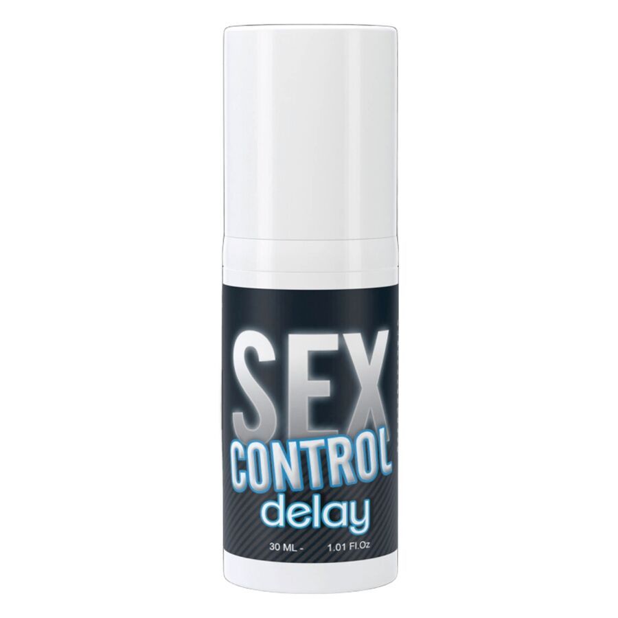 Flacone cilindrico. Scritta: SEX CONTROL delay. Volume: 30 ml - 1.01 Fl.oz. Sfondo nero con testo blu.