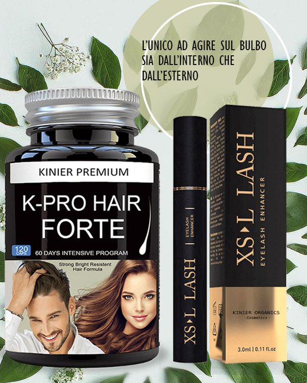 Flacone K-Pro Hair Forte e XS-Lash Eyelash Enhancer. Flacone nero con applicatore. Scatola nera con testo dorato.
