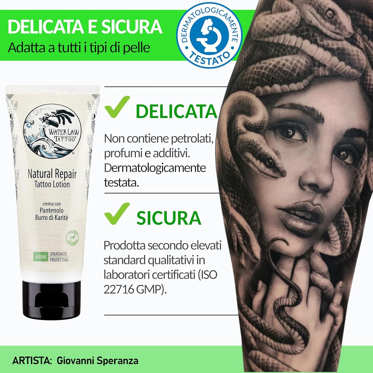 Tubo di crema accanto a braccio tatuato. Testo: Natural Repair Tattoo Lotion. Dermatologicamente testato. Sicuro. Adatto a tutti i tipi di pelle.