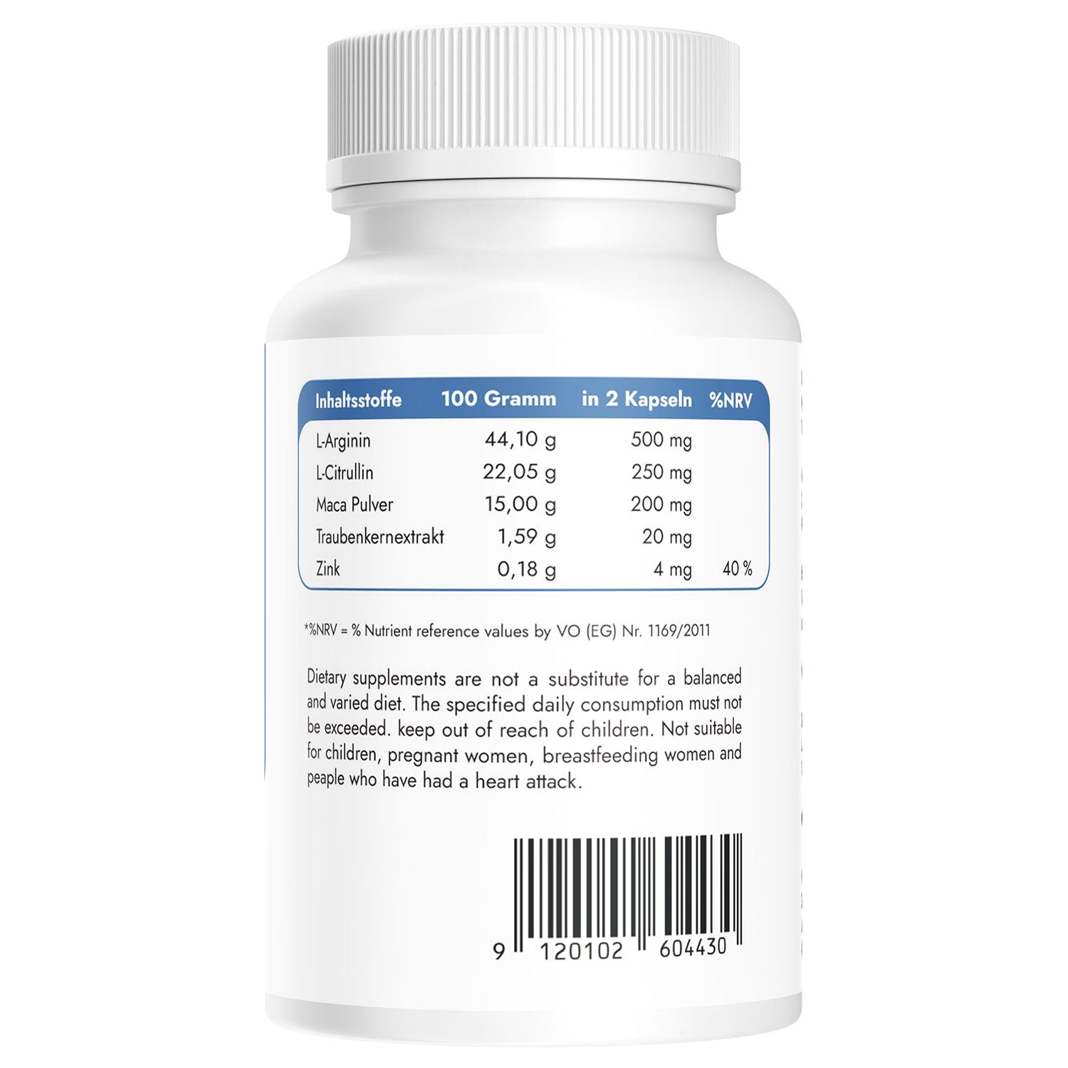 Retro del flacone. Valori nutrizionali per 100g e 2 capsule. Ingredienti: L-Arginina, L-Citrullina, Maca, Estratto di semi d'uva, Zinco.