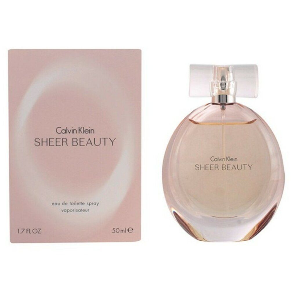 Flacone e confezione profumo. Scritta: Calvin Klein Sheer Beauty. Flacone rotondo, liquido rosa.