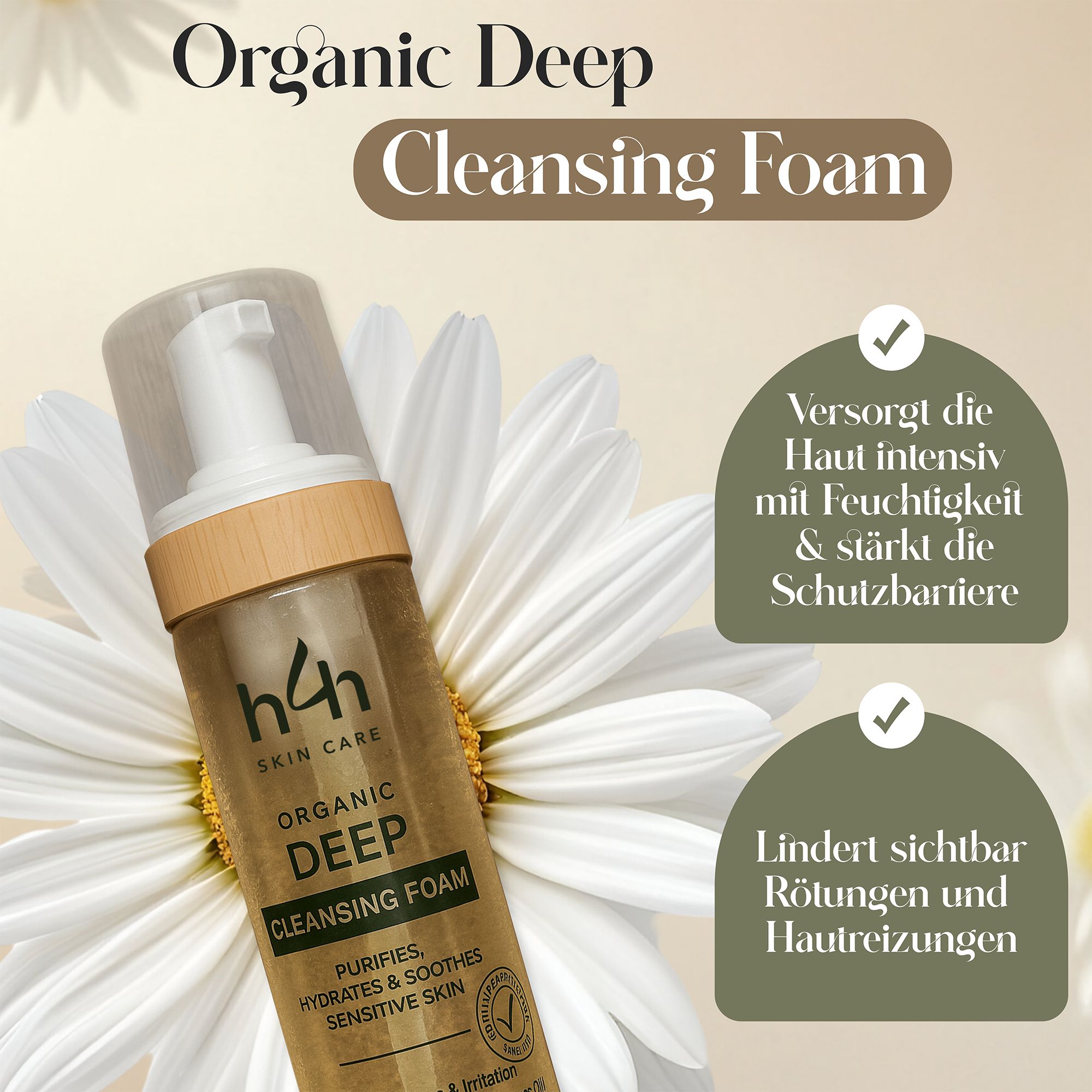 H4H Naturals® Organic Deep Cleansing Foam. Testo: Idrata intensamente la pelle e rafforza la barriera protettiva. Lenisce i rossori.