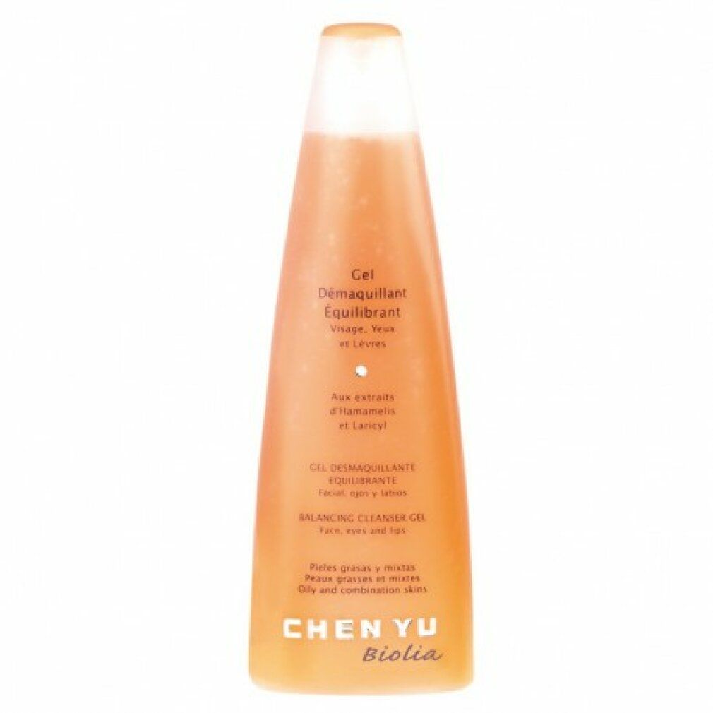 Flacone arancione con tappo bianco. Scritta: Gel Demaquillant Equilibrant, Chen Yu Biolia. Per pelli grasse e miste.