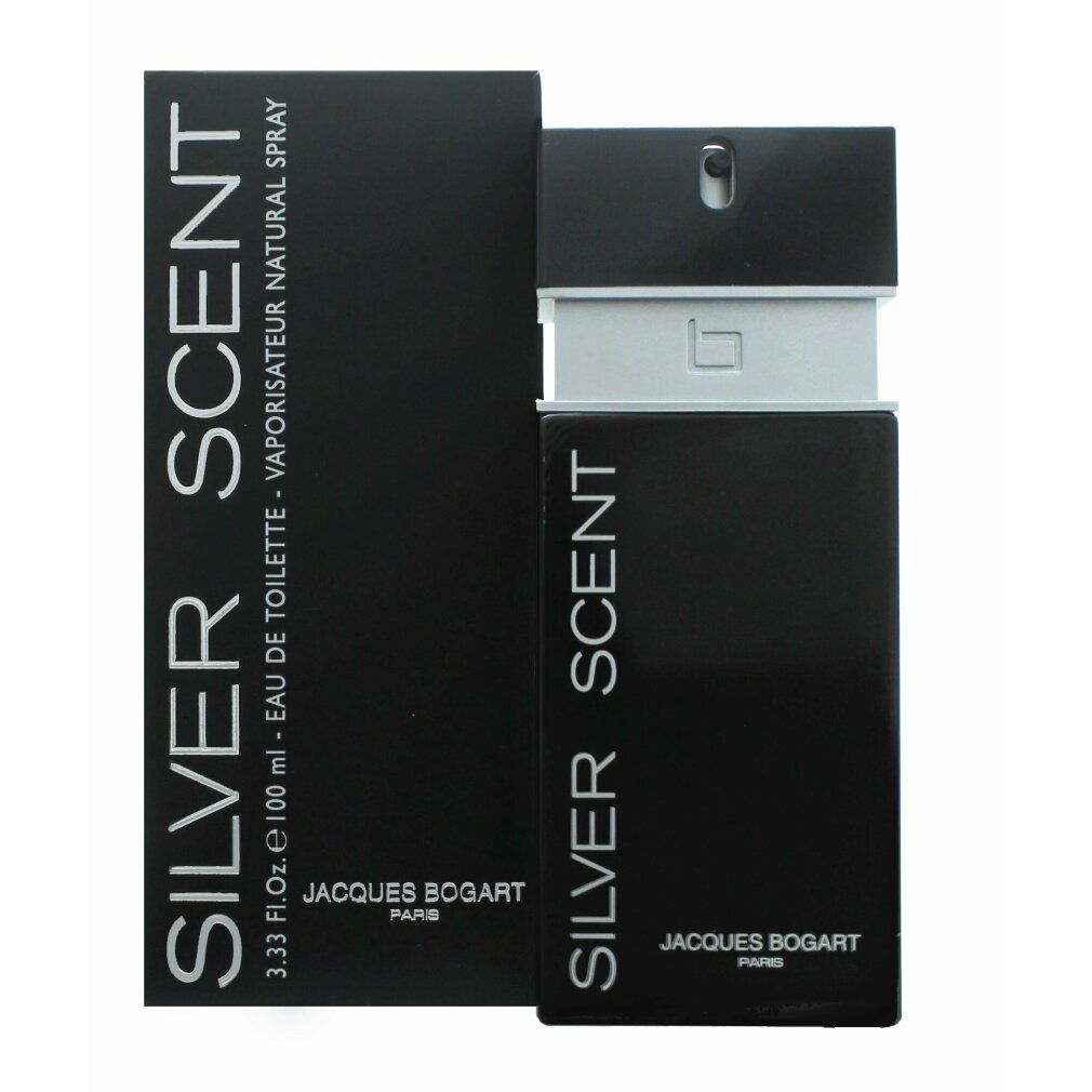 Flacone e confezione neri. Scritta: SILVER SCENT, Jacques Bogart. Flacone con vaporizzatore.
