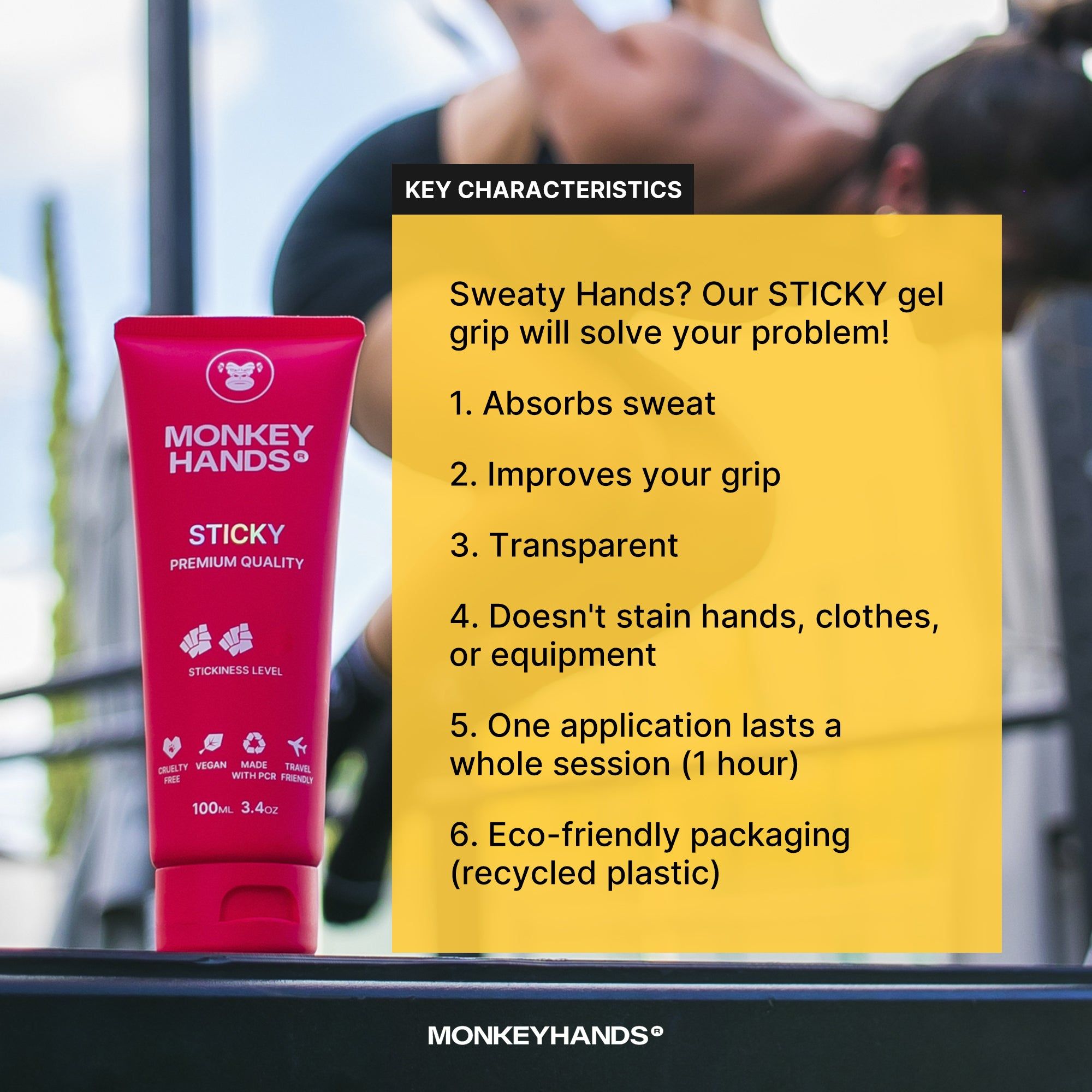 Tubo rosso Monkey Hands Sticky con caratteristiche chiave.