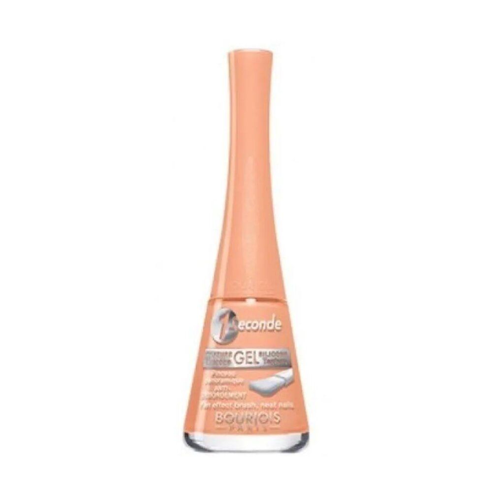 Flacone di smalto color pesca, affusolato. Scritta: 1 Seconde, Gel, Bourjois Paris.