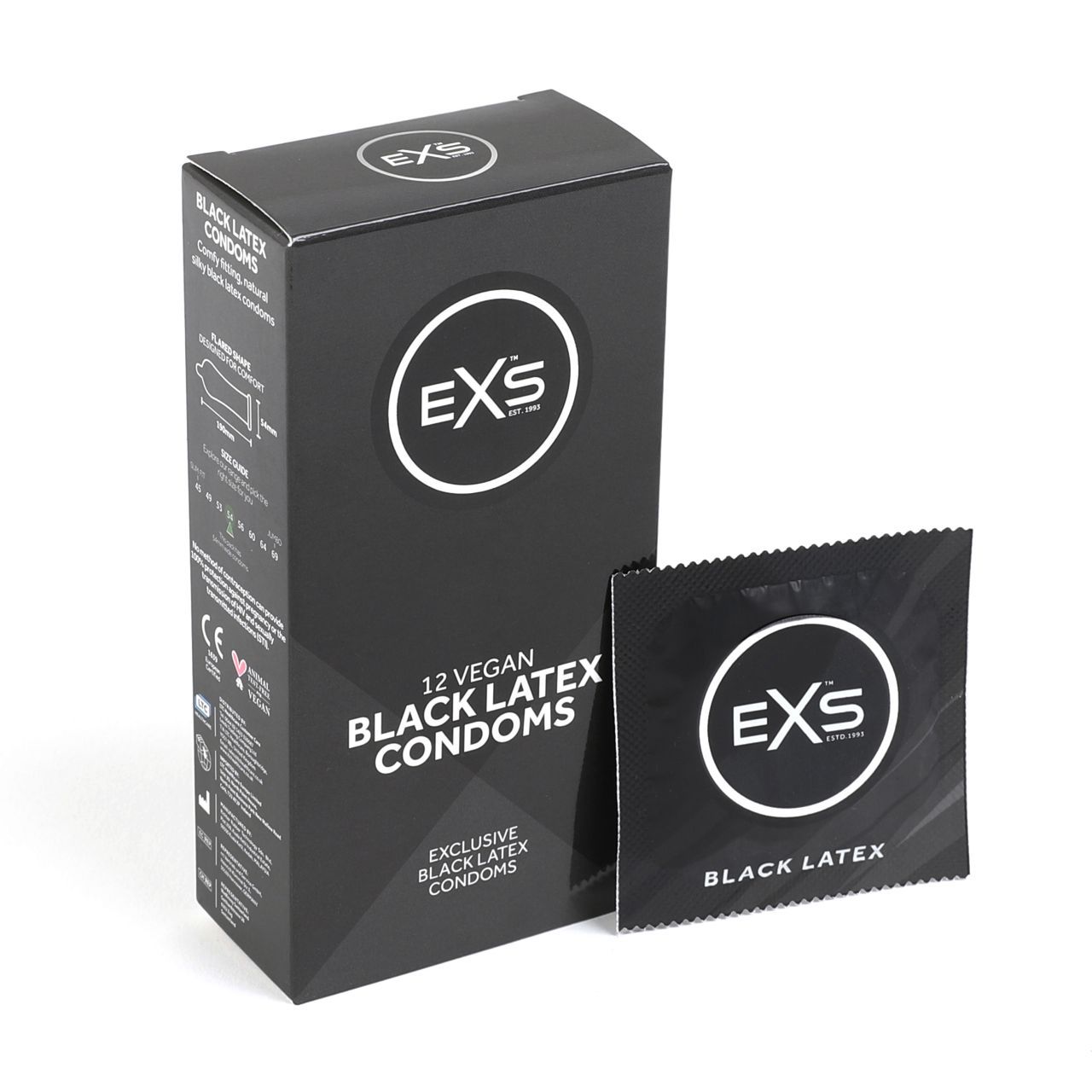 EXS 12 preservativi Black Latex vegan, confezione nera con un preservativo confezionato singolarmente.