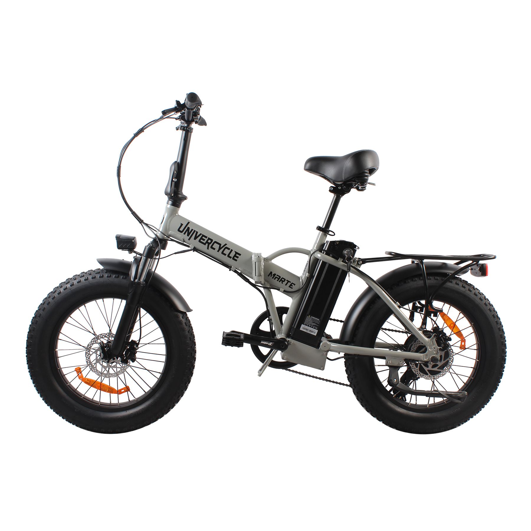 E-bike grigia con pneumatici neri. Portapacchi, batteria e scritta MARTE visibili. Vista laterale.