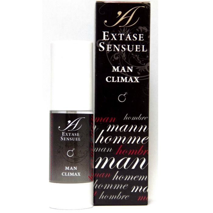 Flacone e confezione di vendita uno accanto all'altro. "Extase Sensuel MAN CLIMAX".
