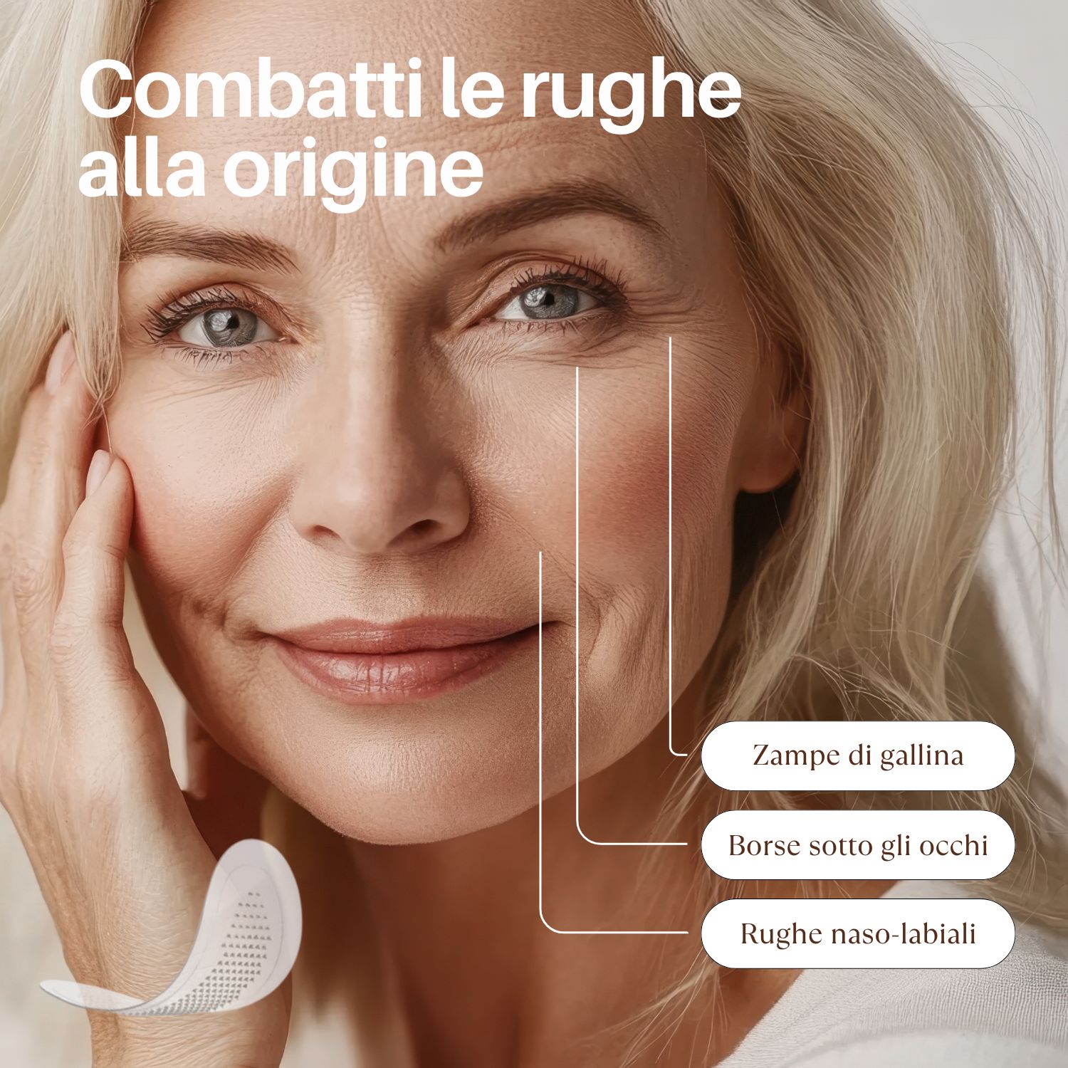 Donna con viso, che mostra le rughe. Testo: Zampe di gallina, borse sotto gli occhi, rughe naso-labiali. Patch per gli occhi.