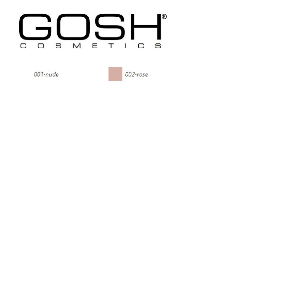 Logo GOSH Cosmetics. Tavolozza colori con due tonalità: 001-nude e 002-rose.