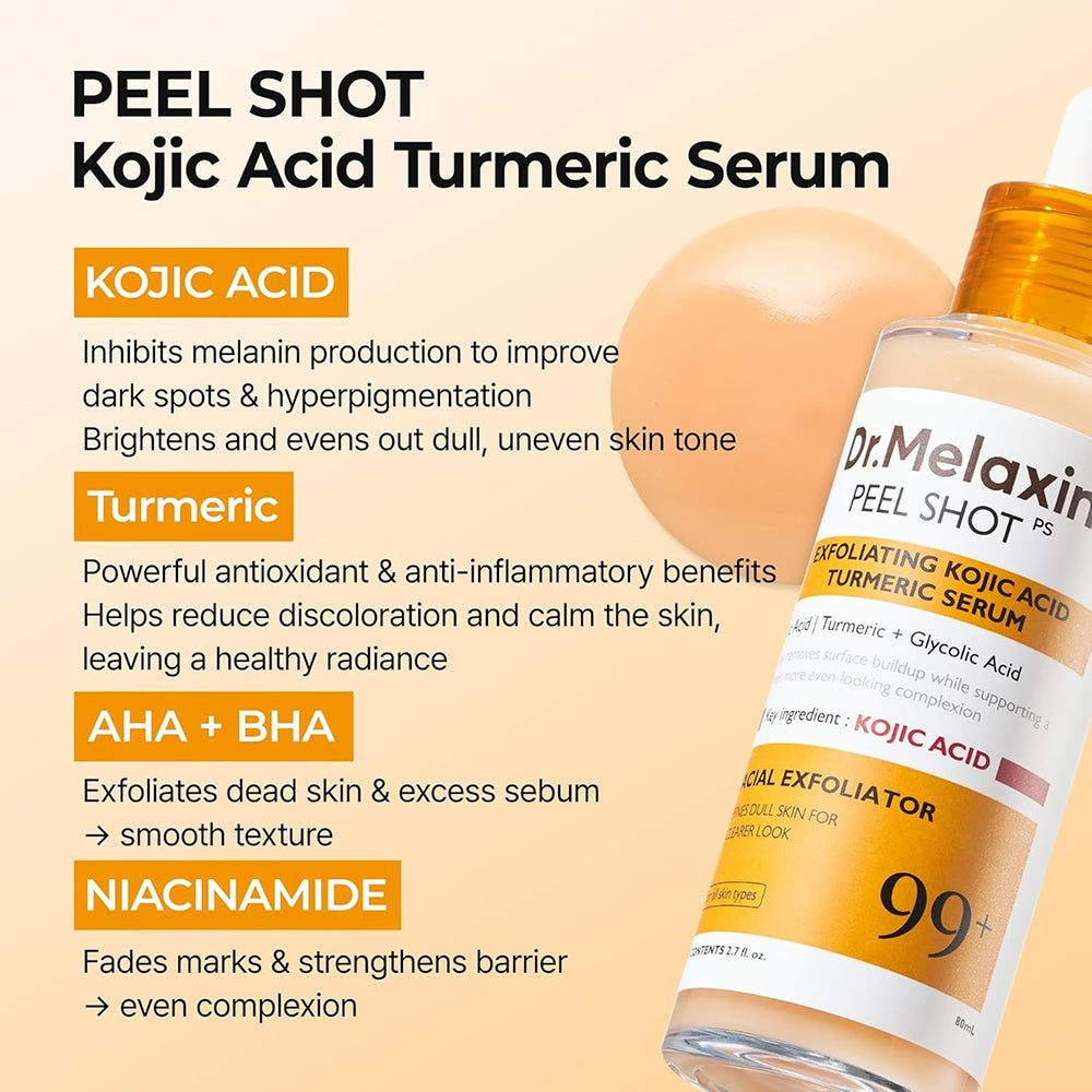 Siero Dr. Melaxin Peel Shot con acido cogico e curcuma, con dettagli sugli ingredienti.