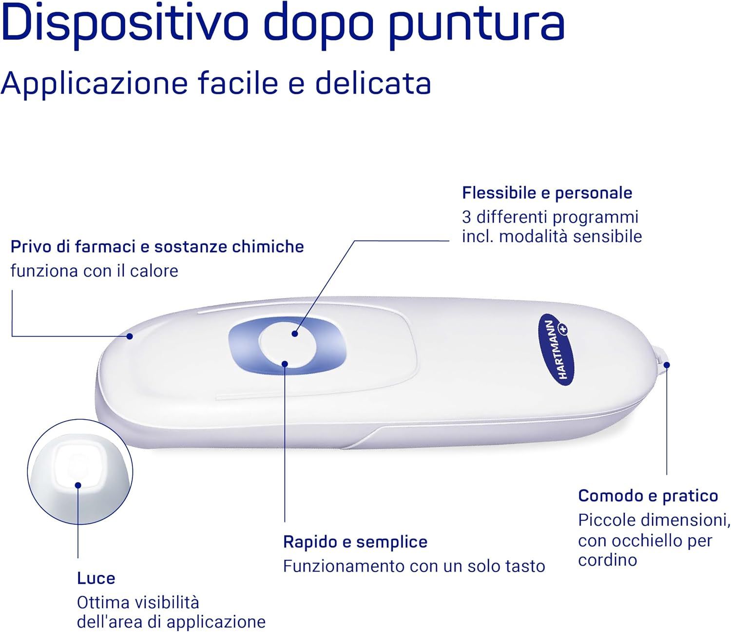 Dispositivo ovale bianco con pulsante blu. Testo e didascalie.