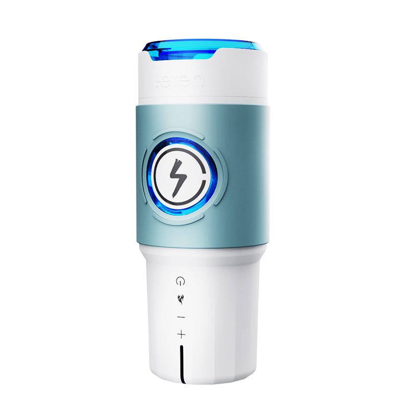 Dispositivo cilindrico bianco-blu, pannello comandi e logo luminoso. Parte superiore blu, inferiore bianca. Indicatore di carica.
