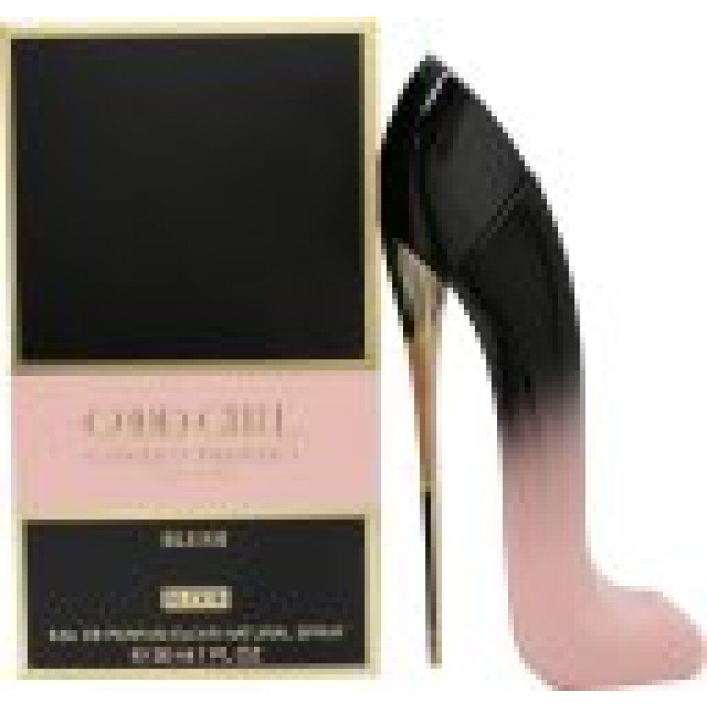 Scatola nera e oro con fascia rosa. Scritta: Good Girl Blush Elixir. Accanto, flacone di profumo a forma di tacco a spillo.