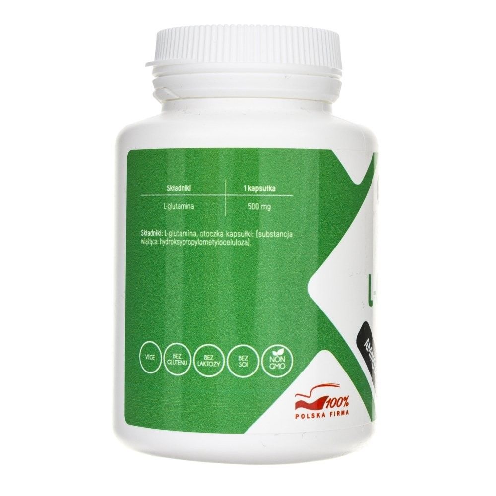 Retro di una confezione di capsule Aliness L-Glutammina con informazioni nutrizionali e certificazioni.
