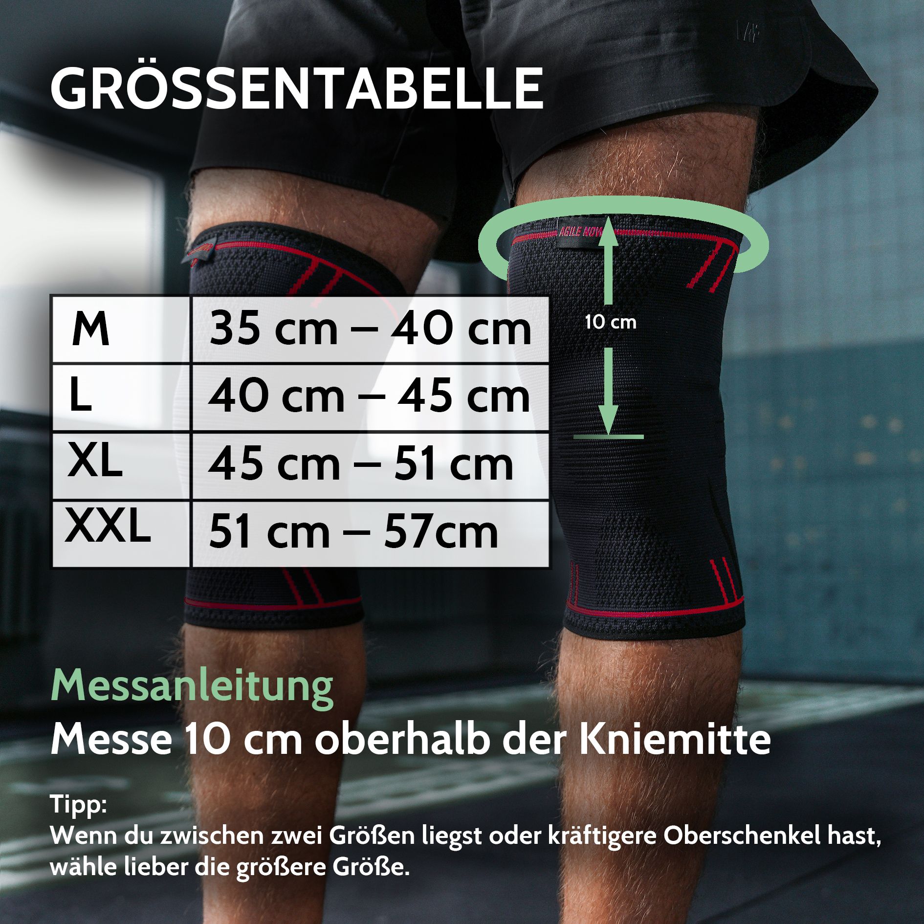 Tabella taglie per ginocchiere. Taglie M-XXL. Istruzioni: 10 cm sopra il ginocchio. Suggerimento: taglie intermedie.