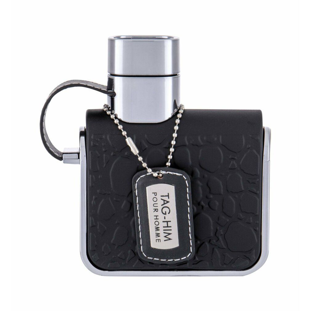 Flacone nero con tappo argentato e ciondolo. Il ciondolo riporta la scritta "TAG-HIM POUR HOMME".