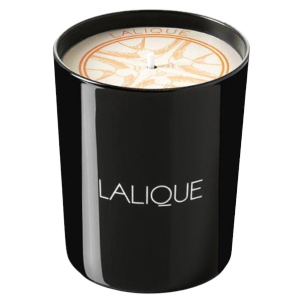 Candela nera con logo bianco "LALIQUE". La parte superiore della candela presenta un motivo e uno stoppino.