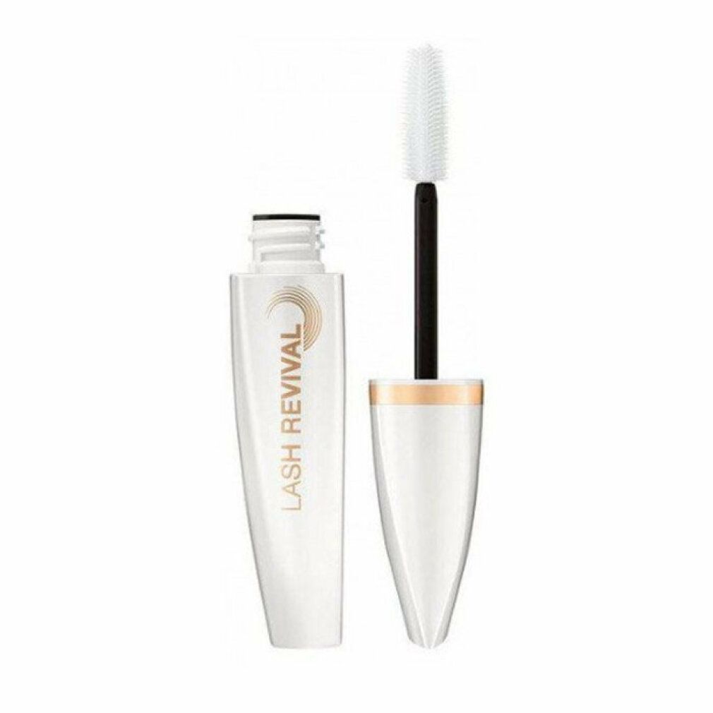 Contenitore di mascara bianco con dettagli dorati e spazzola. Scritta: LASH REVIVAL. Marchio: Max Factor.