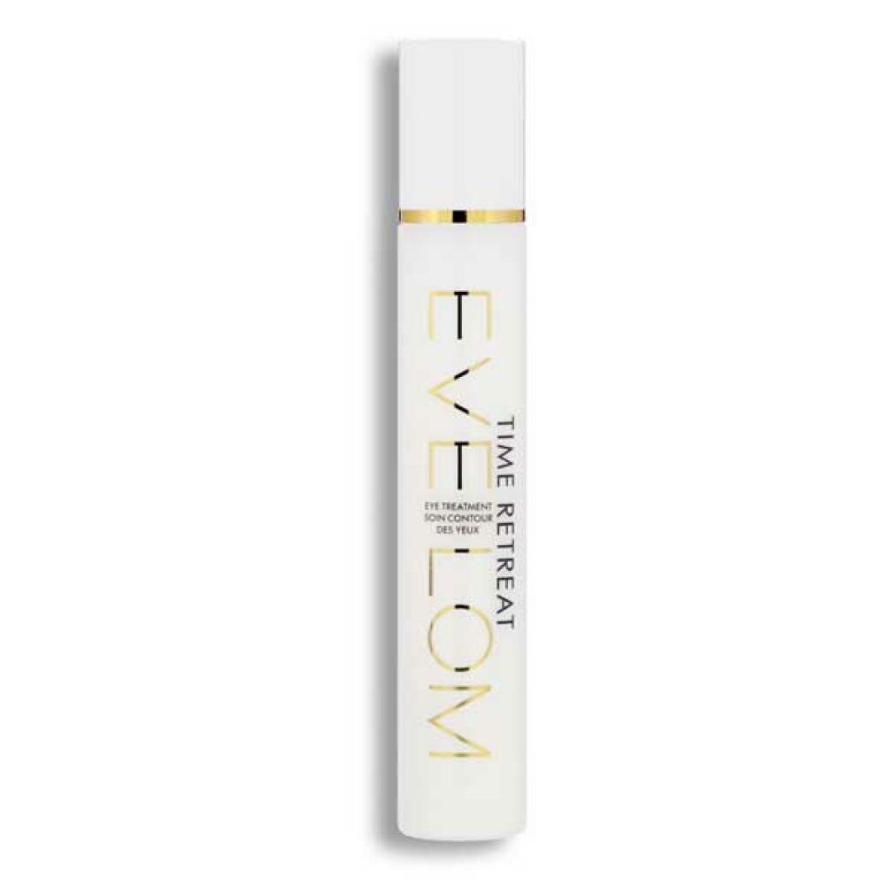 Flacone bianco con scritta dorata. Scritta: EVE LOM, TIME RETREAT, EYE TREATMENT. Tappo.