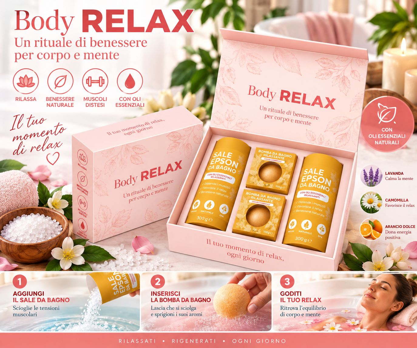 Set regalo Body Relax con sali da bagno e bombe da bagno in confezione rosa.