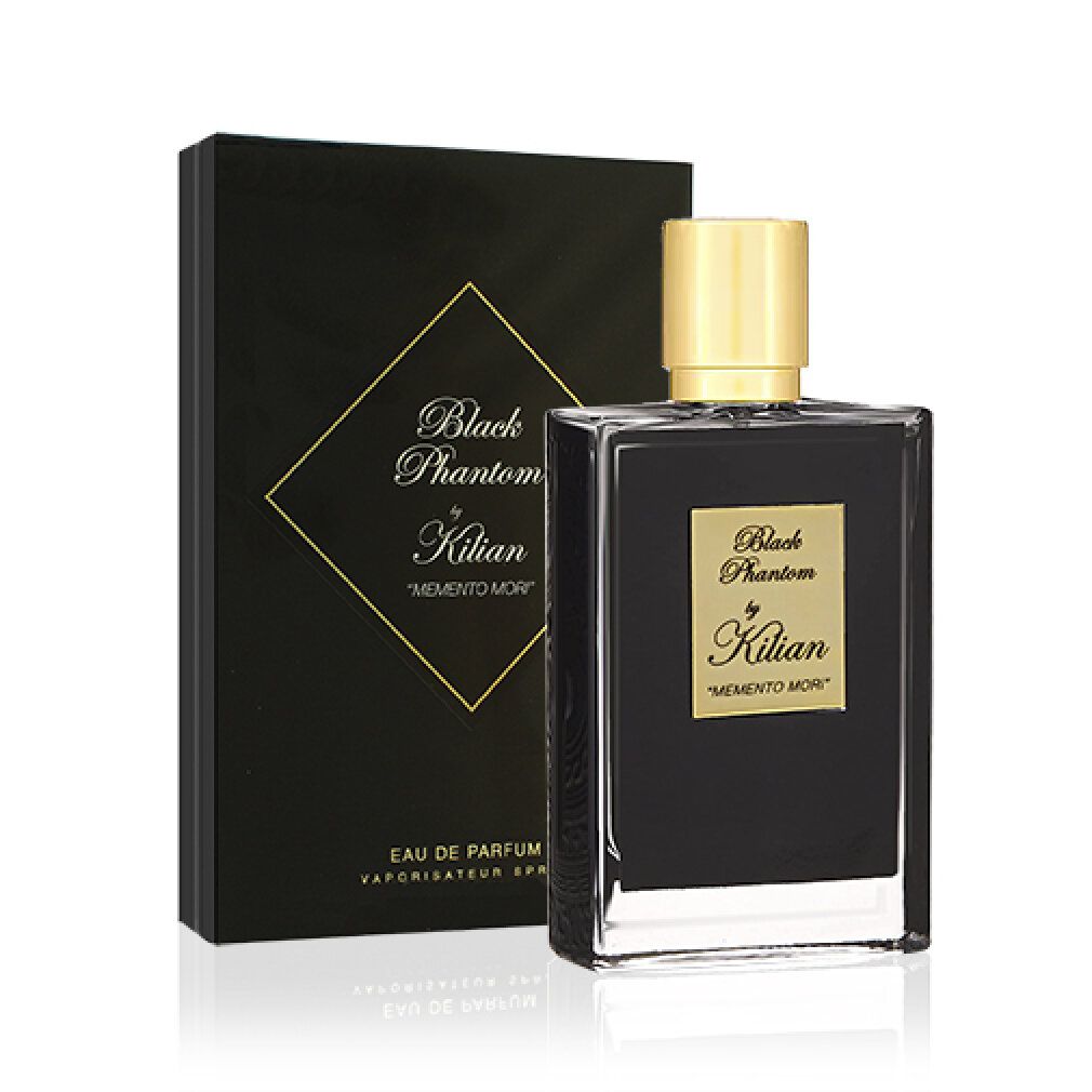 Flacone nero e scatola. Scritta: Black Phantom by Kilian, Memento Mori. Eau de Parfum.