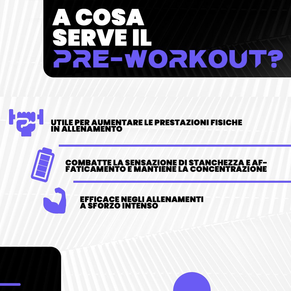 Immagine testuale: A COSA SERVE IL PRE-WORKOUT? Testo: UTILI PER AUMENTARE LE PRESTAZIONI FISICHE, COMBATTE LA STANCHEZZA, EFFICACE NEGLI ALLENAMENTI.