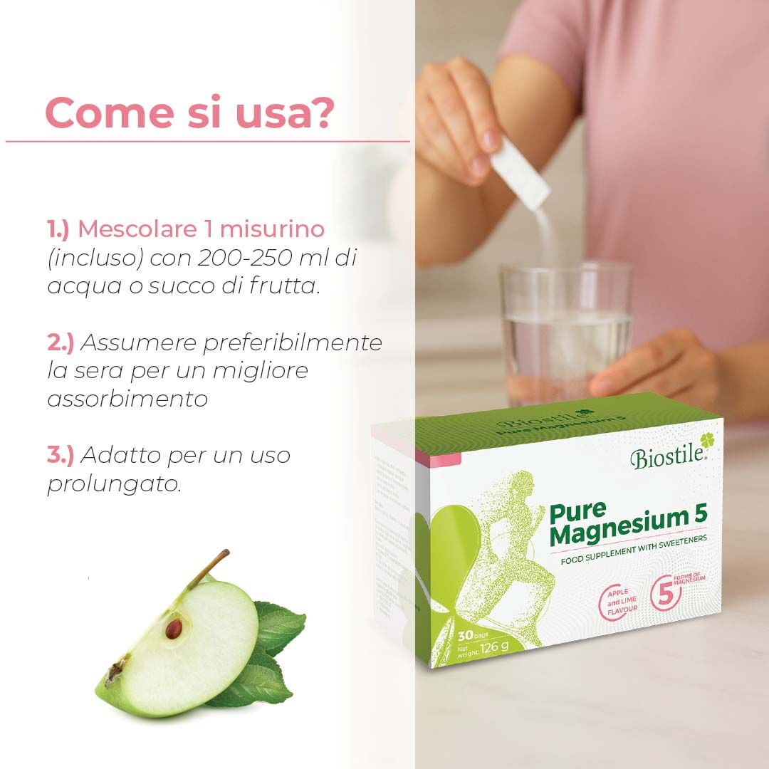 Uso di Biostile Pure Magnesium 5. Mescolare 1 misurino con acqua o succo. Per un migliore assorbimento.