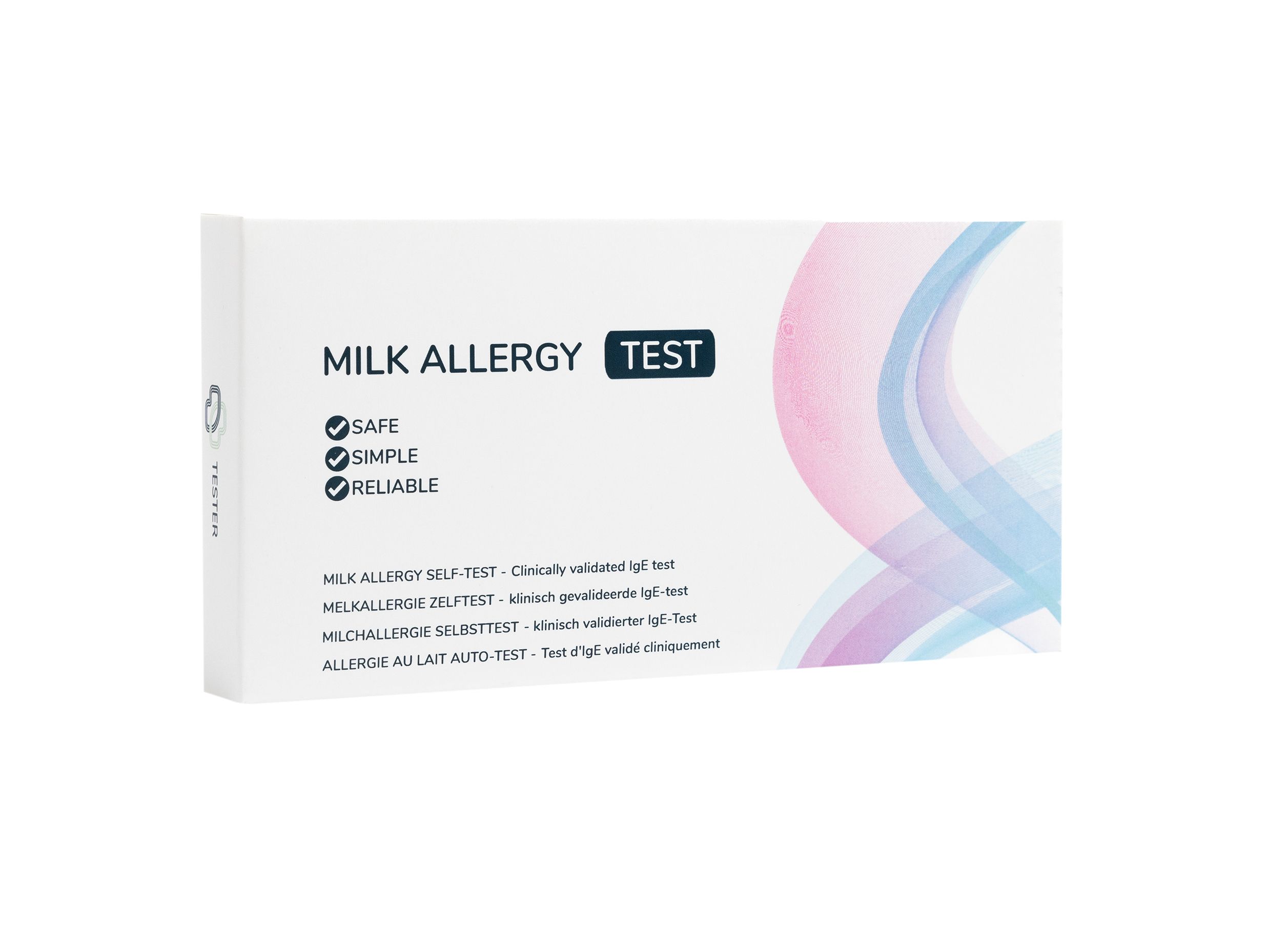 Confezione kit test allergia al latte. Bianca con nome prodotto e loghi. Testo: Safe, Simple, Reliable.