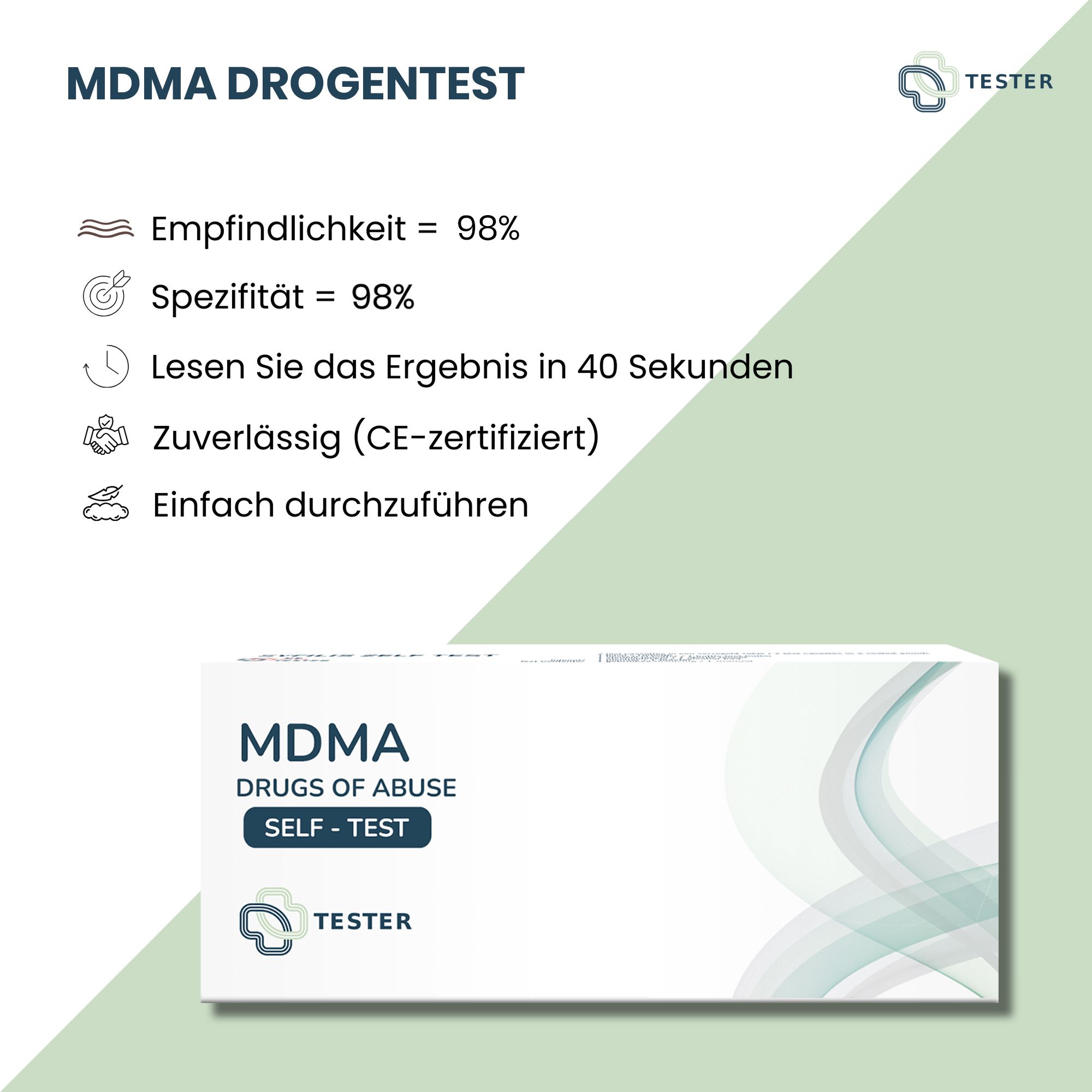 Confezione del prodotto con testo e icone. Testo: MDMA Drogentest, Sensibilità 98%, Affidabile (certificato CE).