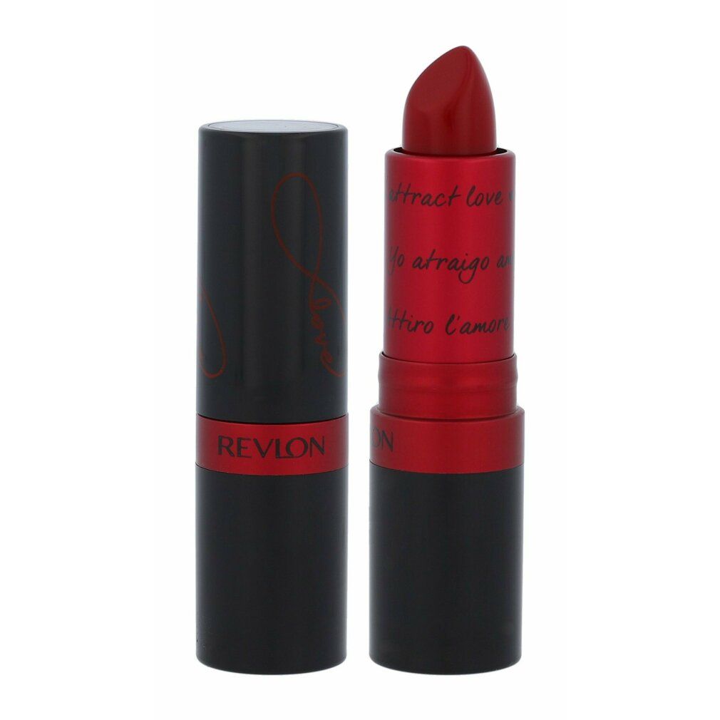 Rossetto rosso parzialmente estratto, accanto al cappuccio. Stick nero con sezione centrale rossa. Scritta: Revlon.